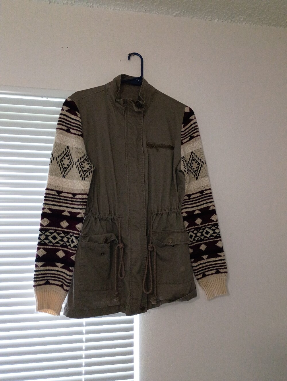 Olive Utility Anorak Jacket with Patterned Knit Sleeves